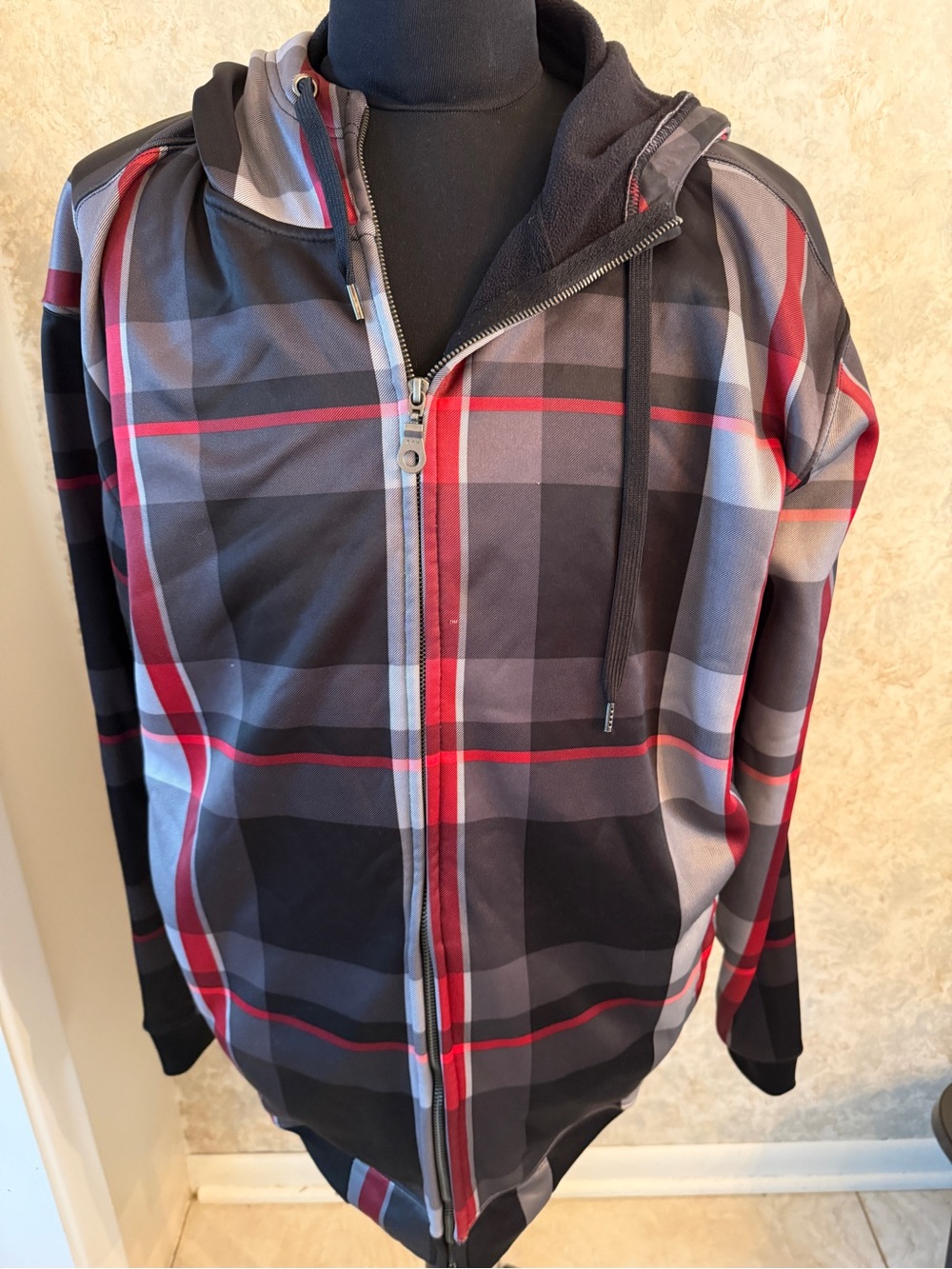 Champs Mens Black and Gray Plaid Zip Hoodie Sweater with Red Accents